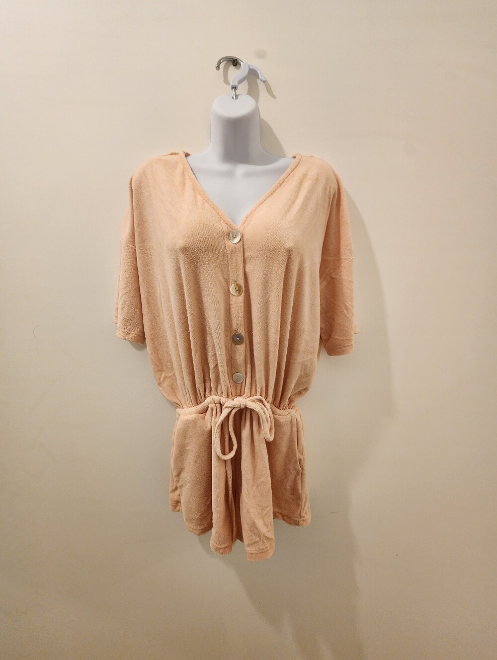 Sabo Skirt Terry Cloth Romper Swim Cover Up Short Sleeve Tie Waist Button Front